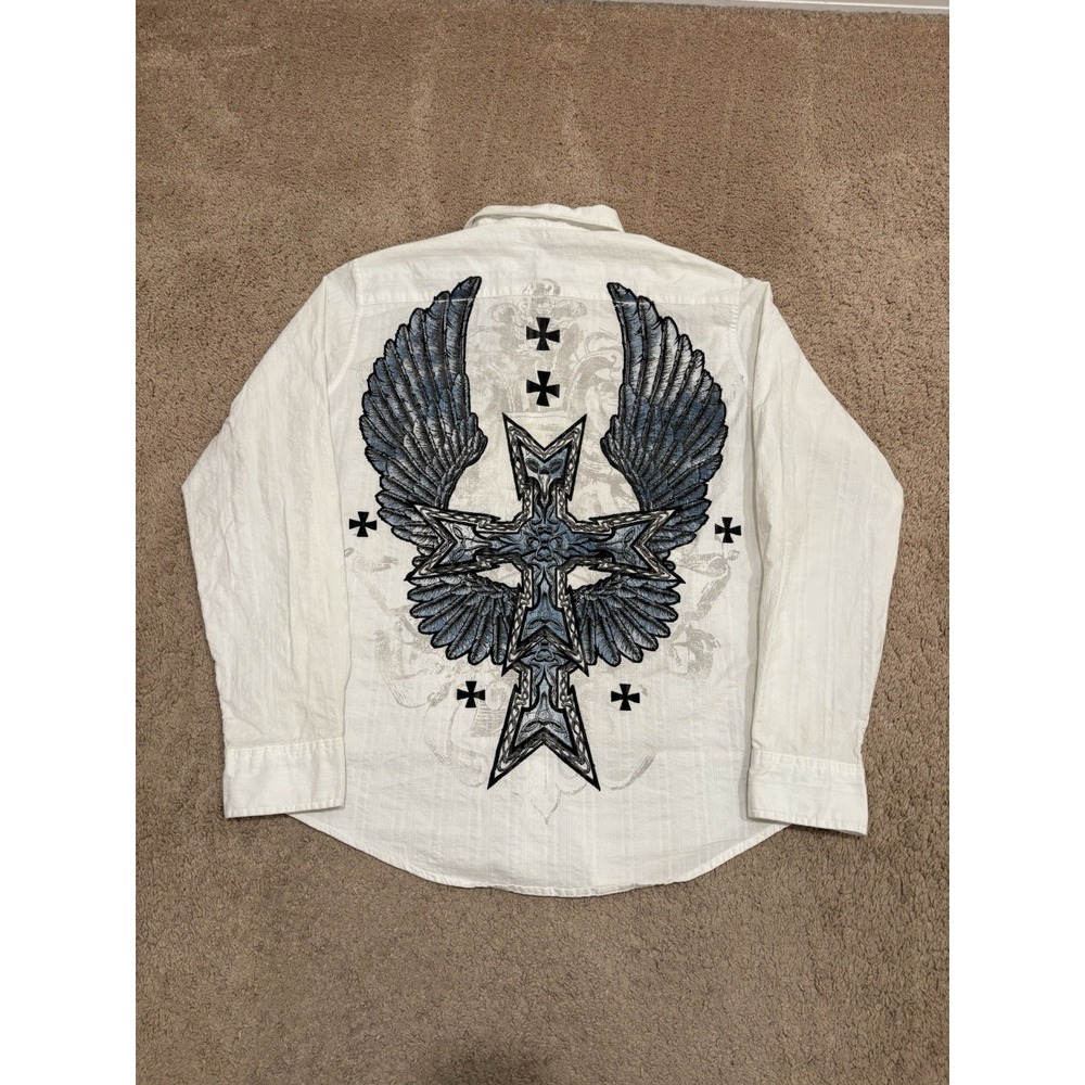 Y2K 00s Helix Men's Grunge Cross Button-up Long Sleeve White Shirt Size Large